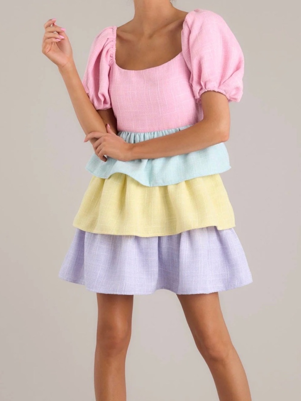 Peach Love Multi Color Block Tiered Tweed Puff Sleeve Summer Brunch Mini Dress